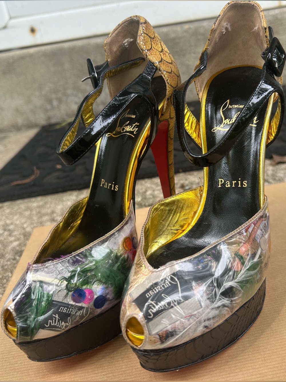 Christian Louboutin Multicolor Peep-Toe Platform Sandals with Black Ankle Straps